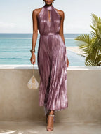 Roségold plissiertes ausgeschnittenes klassisches Halter ärmelloses A-Linien Maxikleid