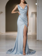 Formal Evening Dress Blue V Neck Satin Maxi Dress