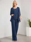 Conjunto separado mono/pantalón con escote redondo, encaje y gasa largo hasta el suelo para madre de la novia con lentejuelas