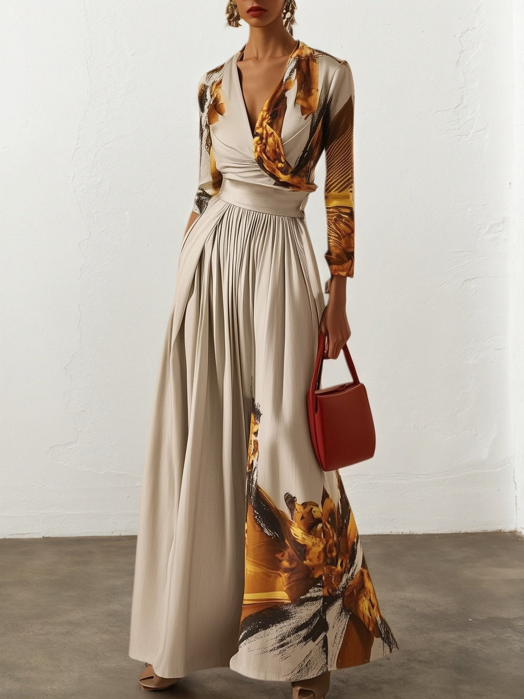 Damen hellkhaki floraler V-Ausschnitt langärmeliger Jumpsuit mit weitem Bein