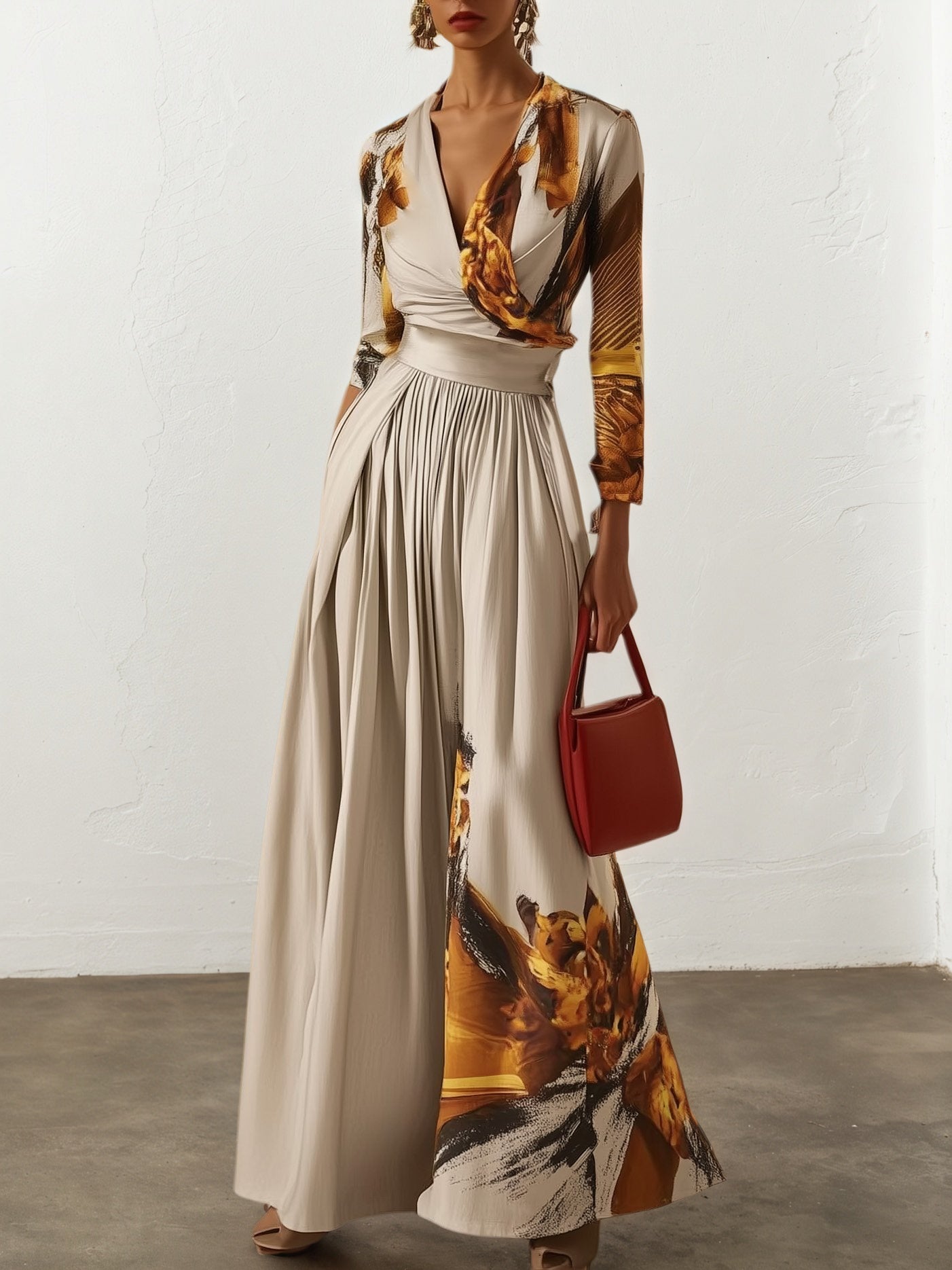 Damen hellkhaki floraler V-Ausschnitt langärmeliger Jumpsuit mit weitem Bein