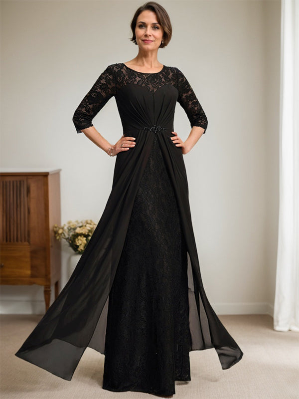 A-Linien Rundhalsausschnitt Illusions-Bodenlanges Spitzen-Chiffonkleid für die Brautmutter mit Perlen und Volants
