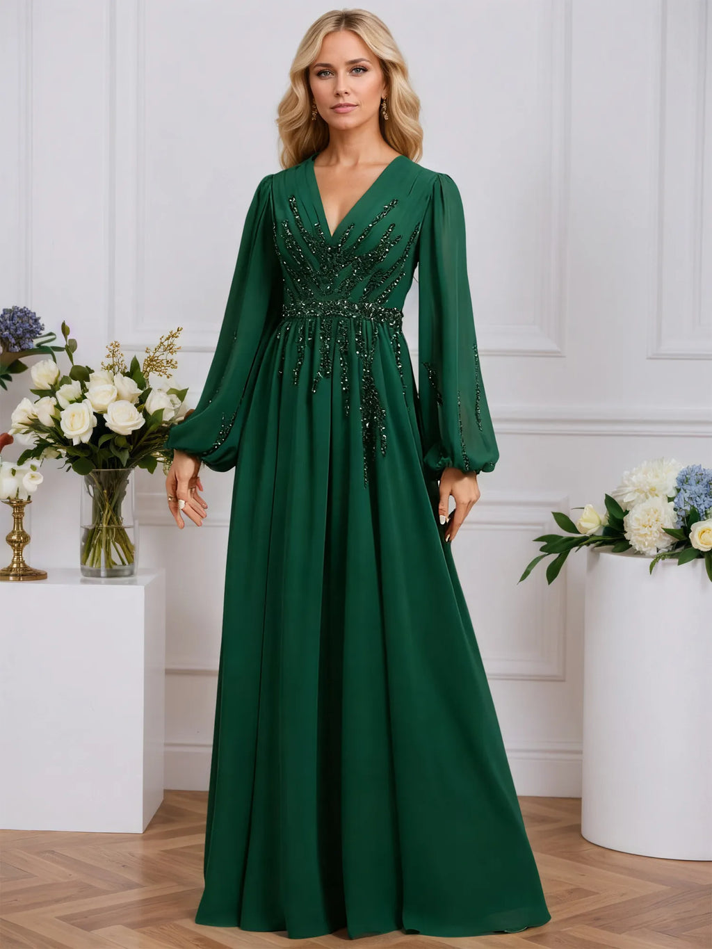 a-line v-neck floor-length chiffon evening dress with sequins GLS GL3796 Long Mother of the Bride Dress A Line Beaded Sequin Dress