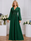 A-line V-Neck Floor-Length Chiffon Evening Dress With Pleated Sequins Beading
