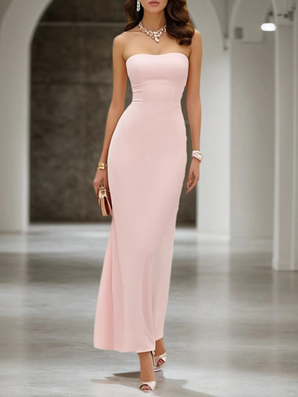 Vestido formal maxi sin tirantes y sin mangas rosa para invitada de boda