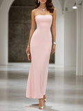 Vestido formal maxi sin tirantes y sin mangas rosa para invitada de boda