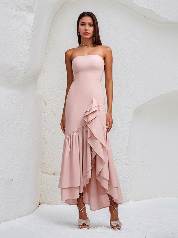Vestido rosa de gasa sin hombros, sin mangas, de longitud asimétrica con volantes