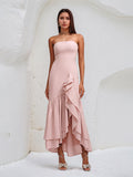 Vestido rosa de gasa sin hombros, sin mangas, de longitud asimétrica con volantes