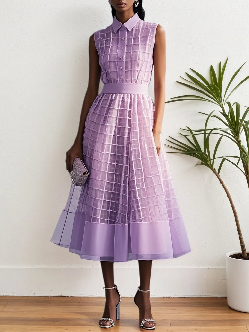 Vestido midi en línea A color lavanda púrpura con hebilla, cuello de camisa y sin mangas