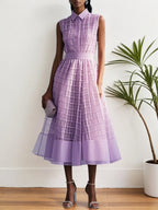 Vestido midi en línea A color lavanda púrpura con hebilla, cuello de camisa y sin mangas