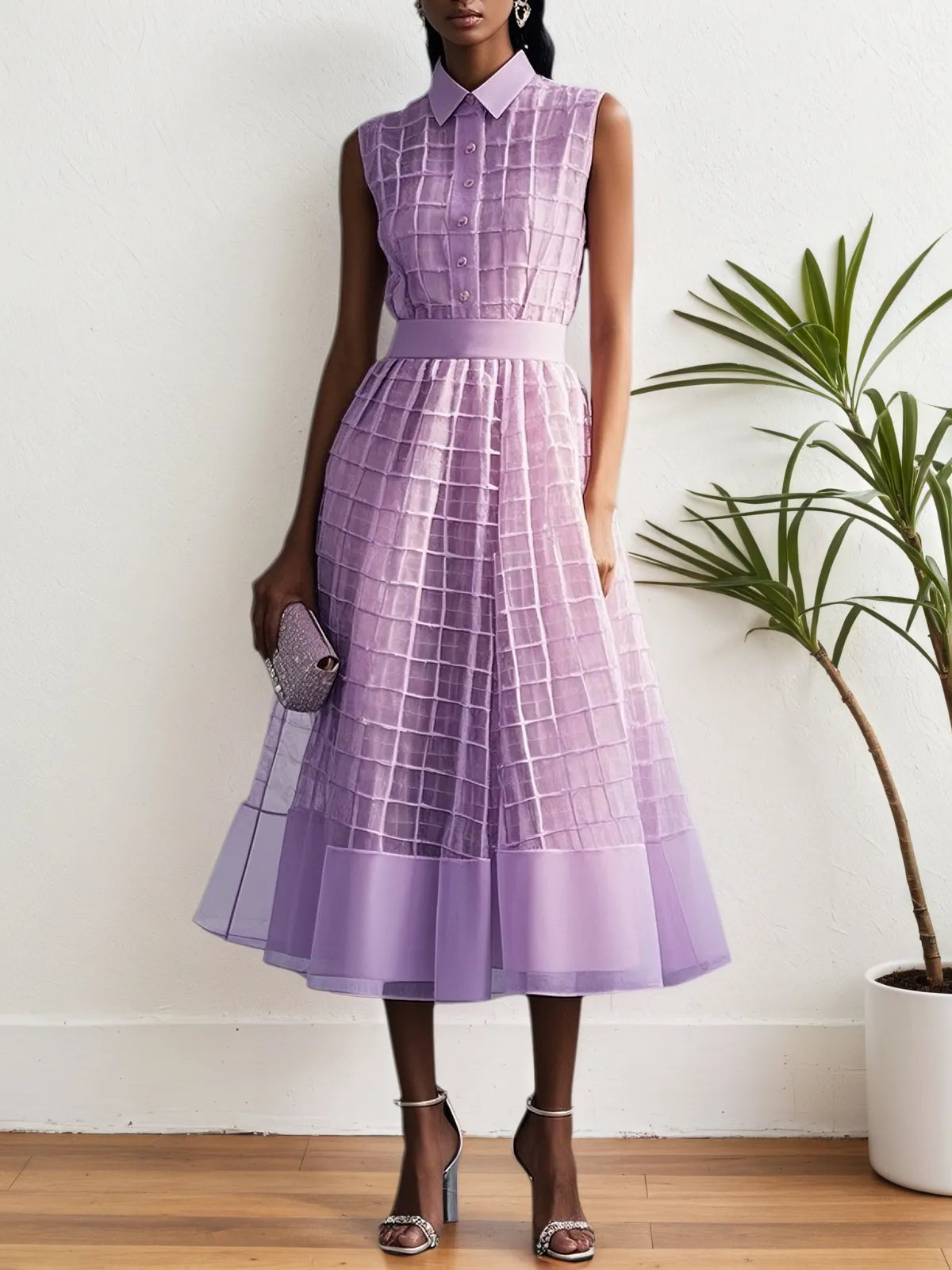Lavendel Lila Hemdkleid mit Schnalle Hemdkragen Ärmelloses A-Linien Midikleid