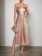 Rose Gold Pleated Satin Strapless Sleeveless A-Line Midi Dress