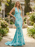 Turquoise Floral Brocade Halter Prom Dress with Back Bow