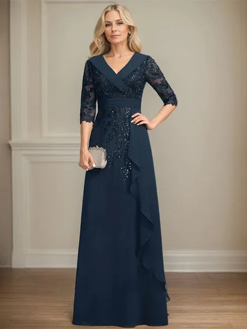 Robe de mère de la mariée en dentelle et chiffon, coupe A, col V avec col, longueur au sol, sequins et volants en cascade