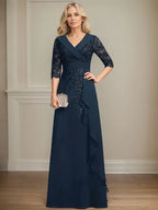 Robe de mère de la mariée en dentelle et chiffon, coupe A, col V avec col, longueur au sol, sequins et volants en cascade