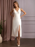 White A-Line V-Neck Bow Stretch Crepe Dress