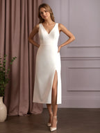 White A-Line V-Neck Bow Stretch Crepe Dress