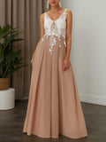 Aprikosenfarbenes Spitzen-Abschlussballkleid mit V-Ausschnitt, ärmellos, A-Linie Maxi-Kleid