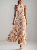 Pink Pleated Floral Chiffon Halter Sleeveless A-Line Mock Neck Maxi Dress