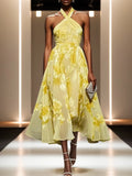 Robe midi jaune en chiffon à fleurs, col halter, sans manches, coupe A