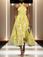 Robe midi jaune en chiffon à fleurs, col halter, sans manches, coupe A