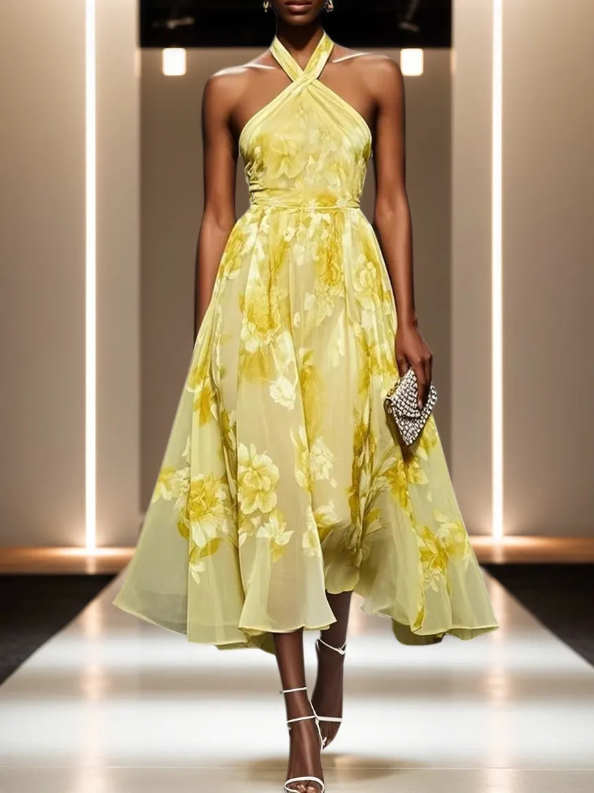 Robe midi jaune en chiffon à fleurs, col halter, sans manches, coupe A
