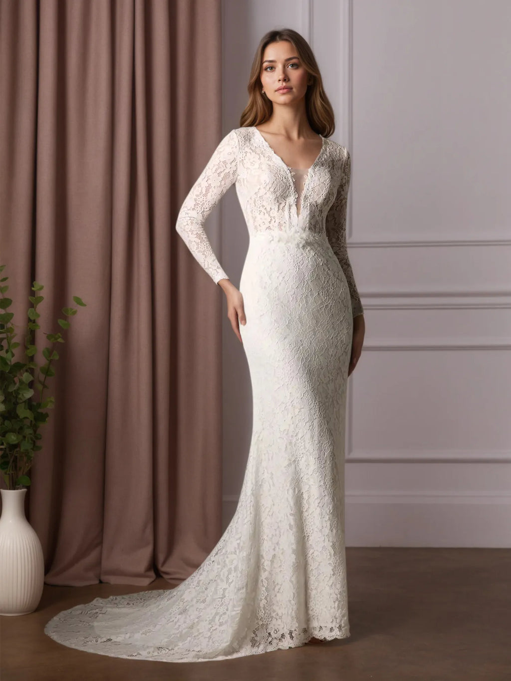 Vestido de novia blanco ajustado con escote en V y tul