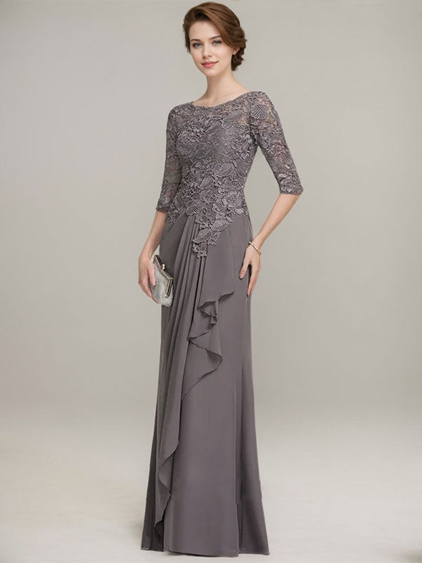 A-Linien Rundhalsausschnitt Illusions bodenlanges Spitzen-Chiffon Mutter der Braut Kleid mit kaskadierenden Rüschen