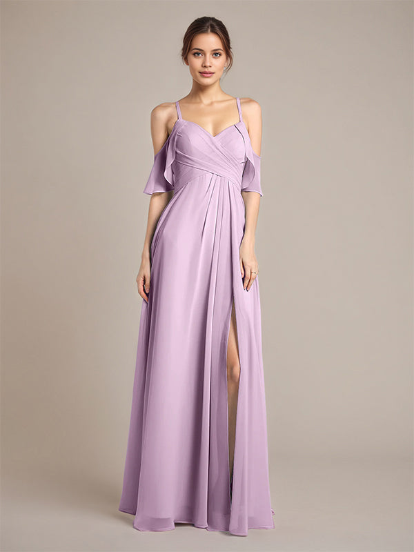 Abito da damigella in chiffon lilla a linea A con spalline sottili e senza maniche, lunghezza fino a terra con volant