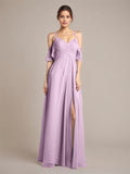 Abito da damigella in chiffon lilla a linea A con spalline sottili e senza maniche, lunghezza fino a terra con volant