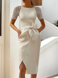 White Bow Short Sleeve Sheath Midi Dress