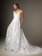 Robe de mariée blanche en ligne A à col en V en tulle à sequins