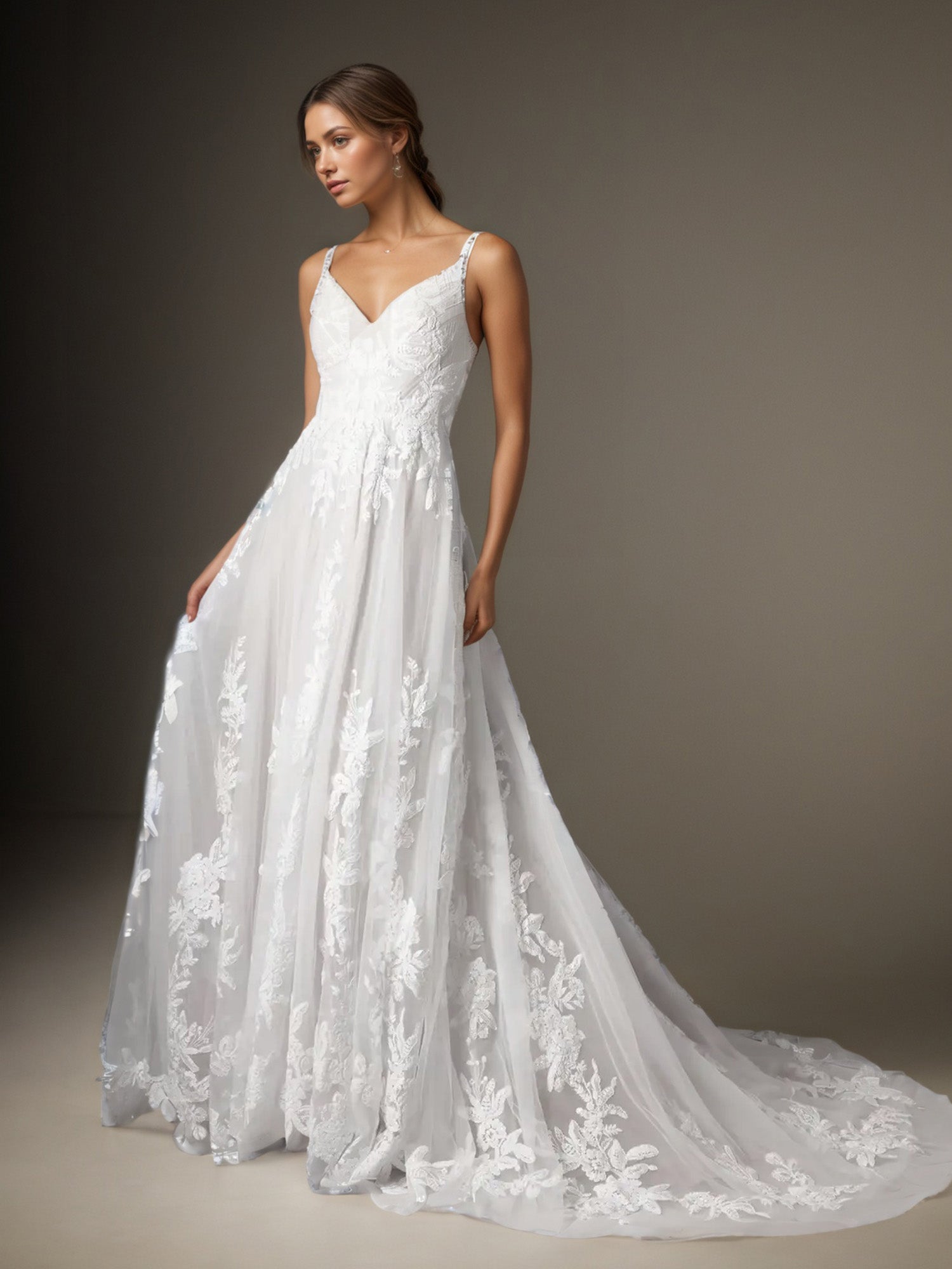 Robe de mariée blanche en ligne A à col en V en tulle à sequins