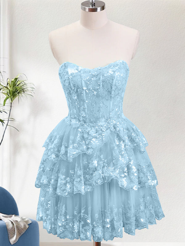 Robe courte de bal corset scintillante, coupe trapèze, à volants superposés, dos lacé en dentelle
