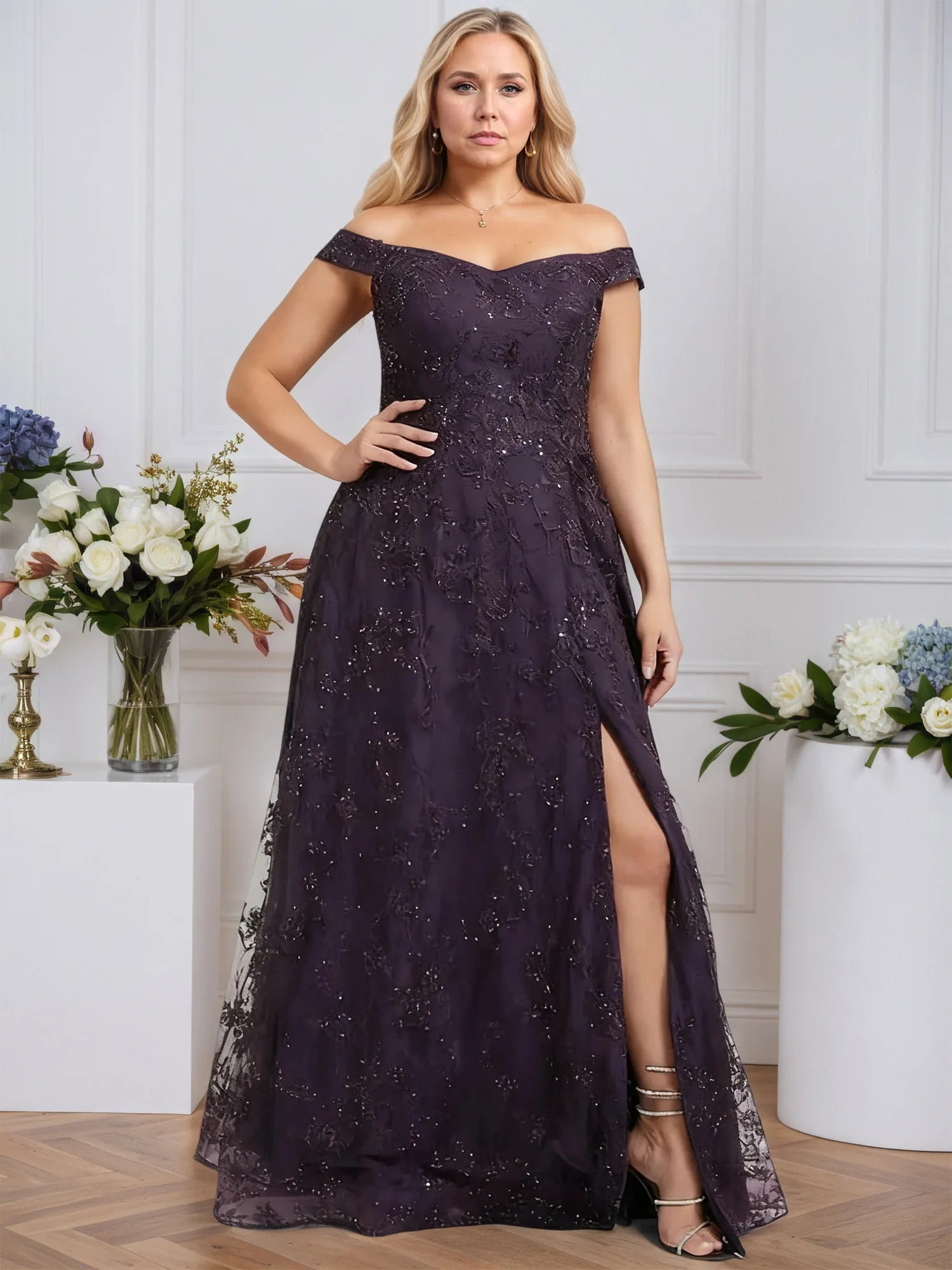 A-line Off the Shoulder Floor-Length Sequin Lace Evening Dress