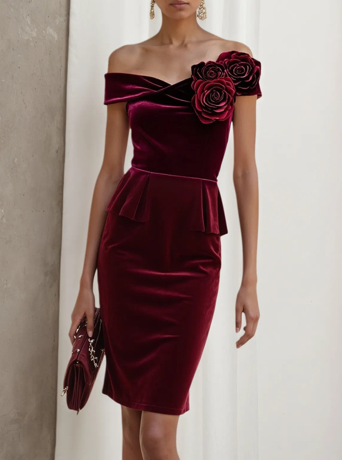 Wine Red 3D Floral Peplum Velvet Off The Shoulder Short Sleeve Sheath Midi Dress