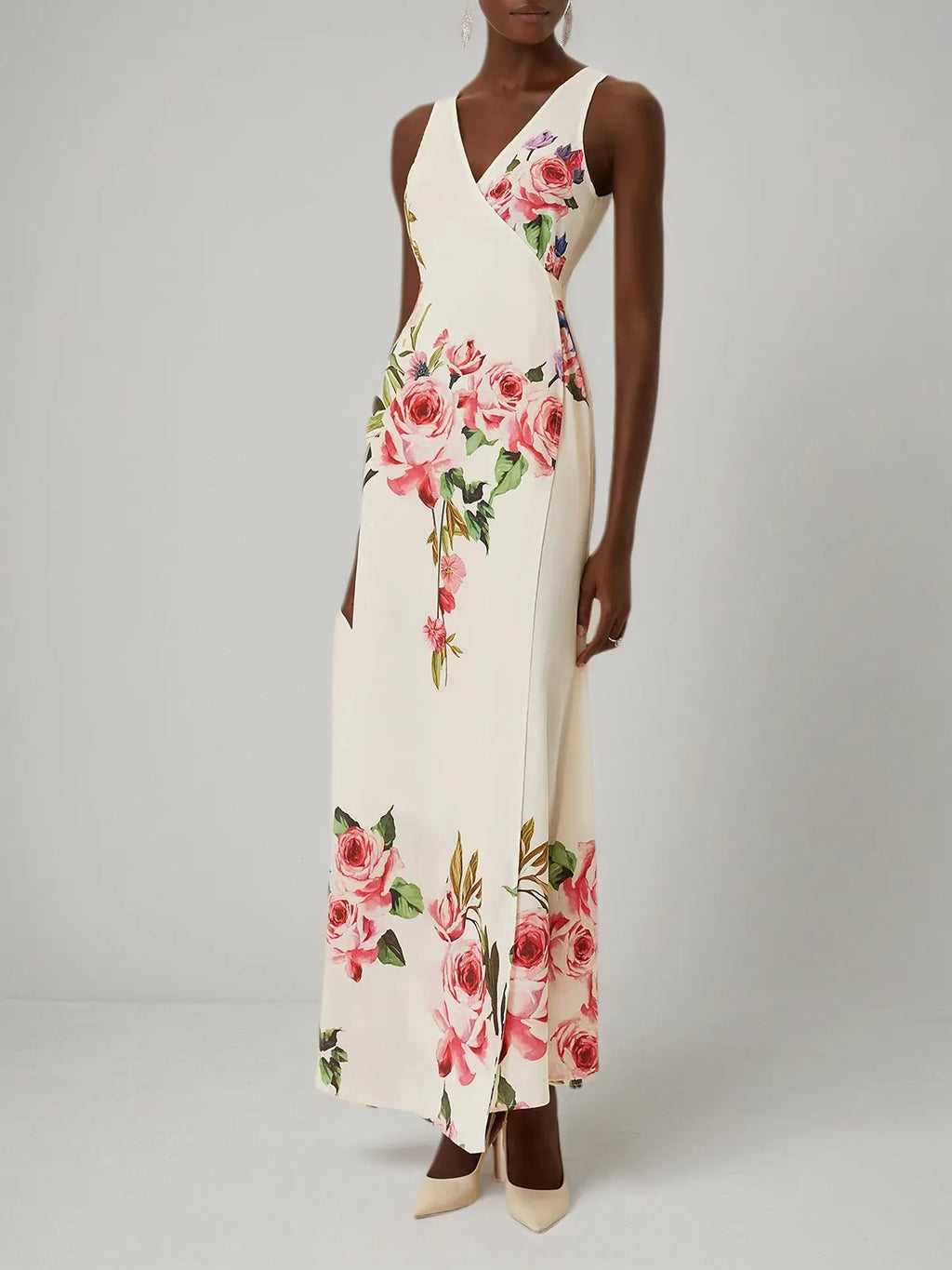 Rosa Wickelkleid mit floralem Kreuzmuster, V-Ausschnitt, ärmellos, Mermaid-Abendkleid