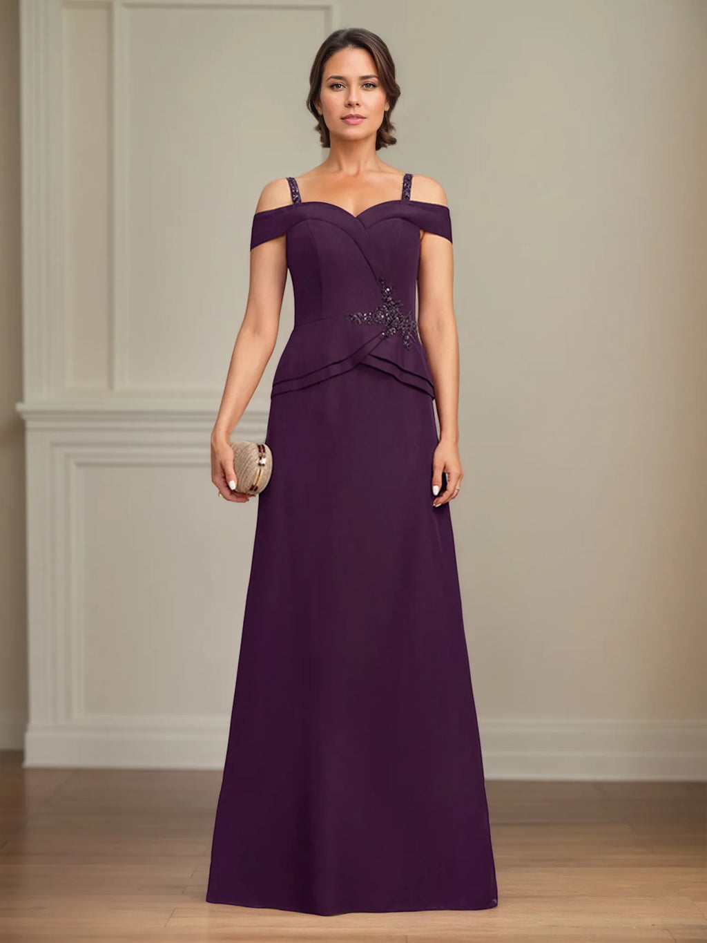 A Line Cold Shoulder Floor Length Chiffon Mother of the Bride Dress With Beading Sequins
