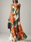 Robe maxi classique orange à fleurs col en V sans manches ligne A