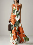Robe maxi classique orange à fleurs col en V sans manches ligne A