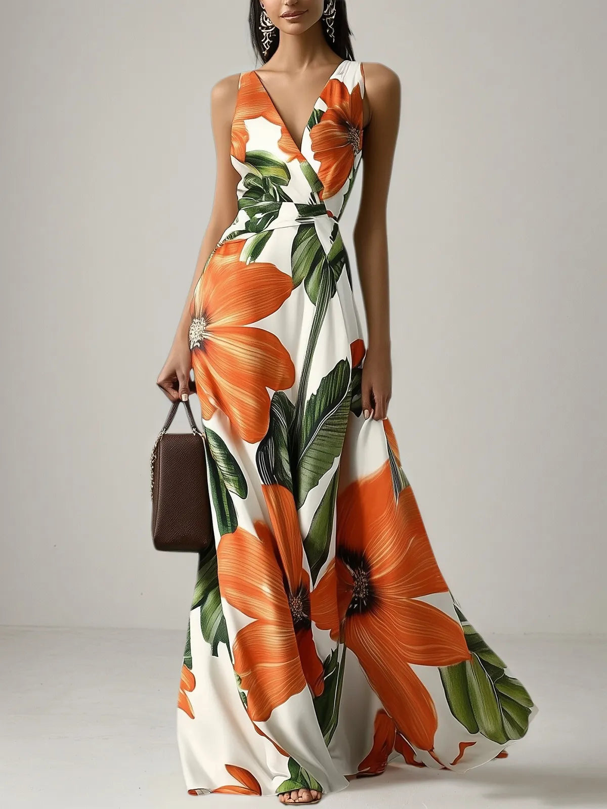 Robe maxi classique orange à fleurs col en V sans manches ligne A