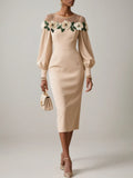 Aprikosenfarbiges, appliziertes, florales klassisches Midi-Kleid mit Rundhalsausschnitt, langen Ballonärmeln