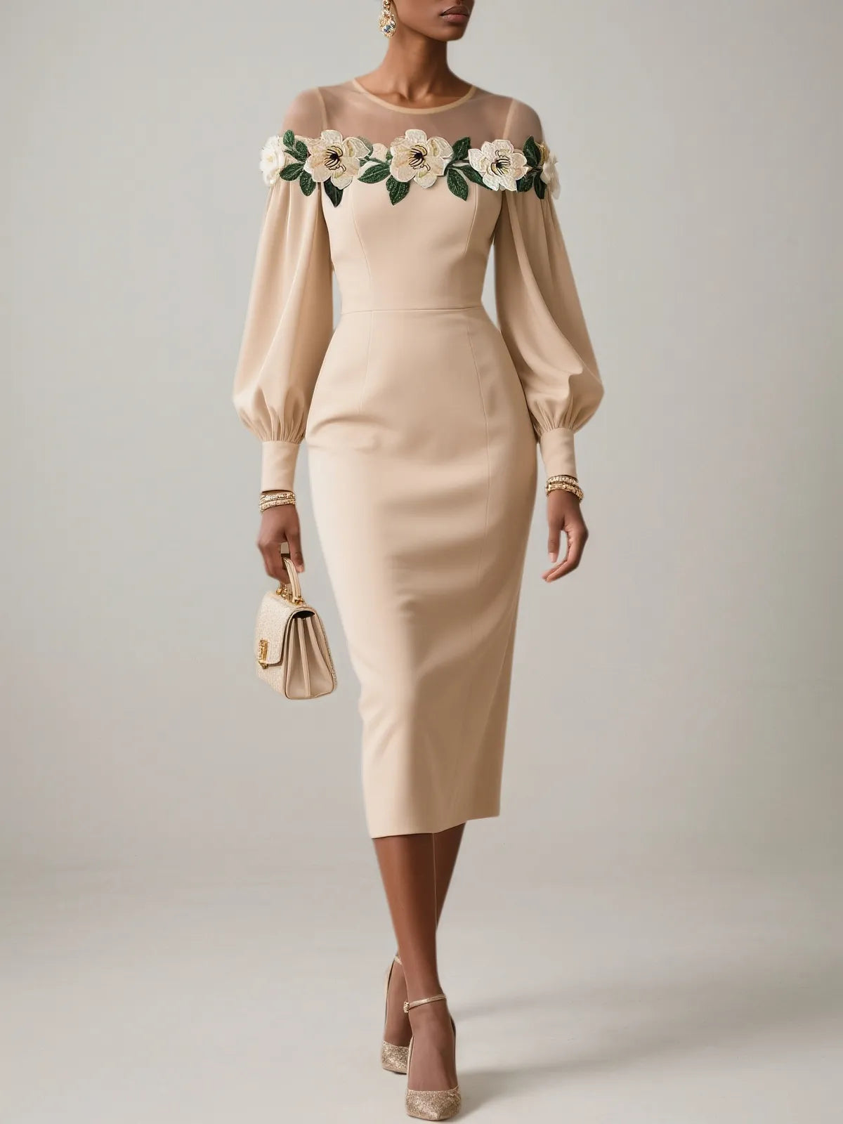 Aprikosenfarbiges, appliziertes, florales klassisches Midi-Kleid mit Rundhalsausschnitt, langen Ballonärmeln