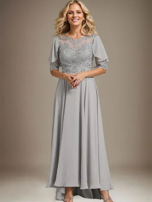 A-Linien Kleid mit Scoop-Ausschnitt, Illusion, asymmetrischem Chiffon und Spitzen, Mutter-der-Braut-Kleid mit Perlenbesatz