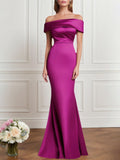 Formal Evening Dress Purple Satin Off The Shoulder Maxi Dress