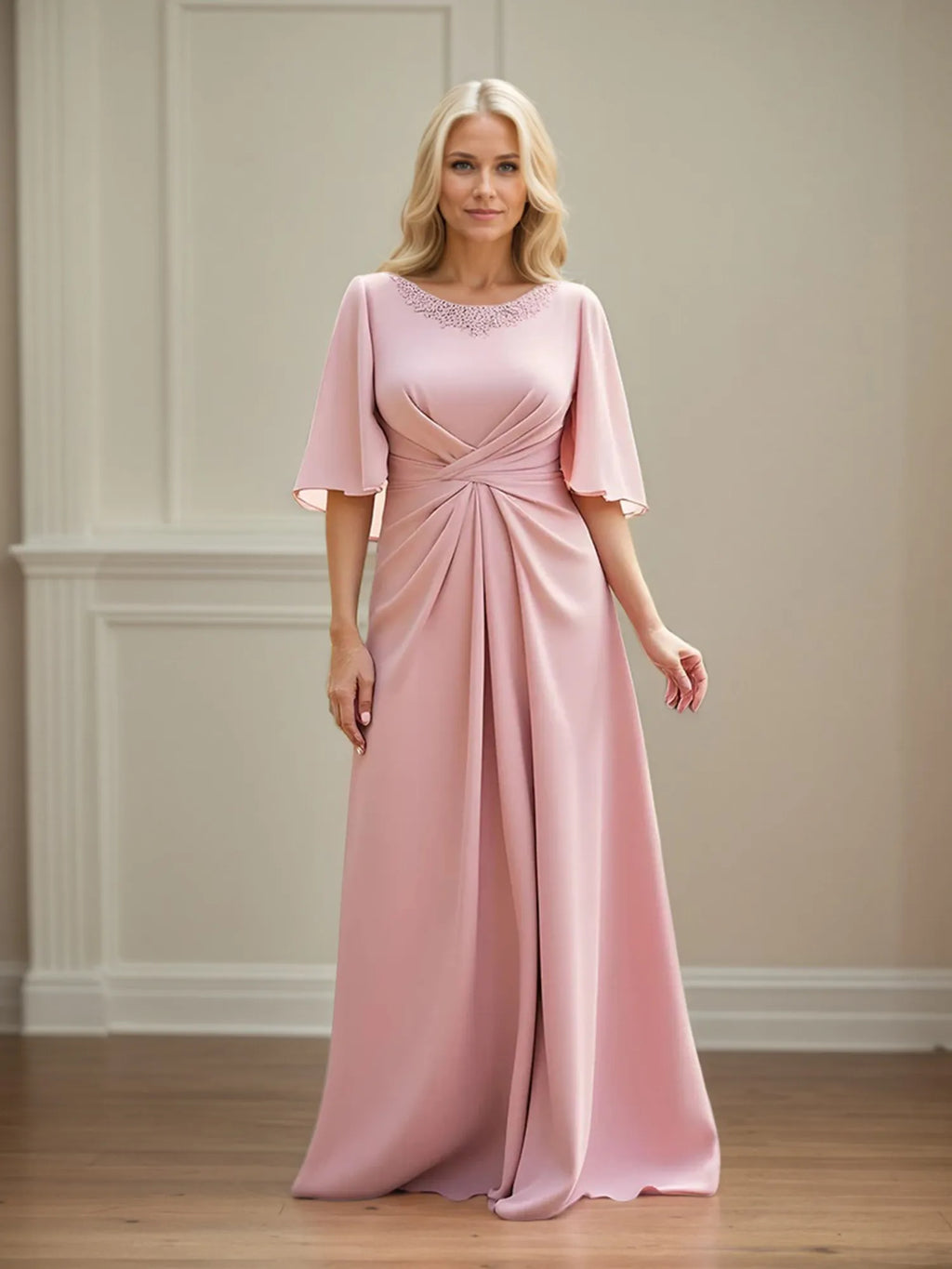 Vestido de Mãe da Noiva em Modelo Tubinho/Coluna, Franzido, Comprimento Longo com Renda