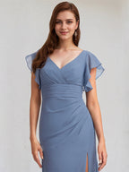 Abito da damigella lungo in chiffon blu ardesia a linea A con scollo a V e volant