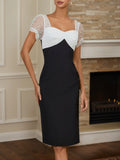 Robe midi fourreau classique à manches courtes bouffantes et en maille Black Pearl avec col carré
