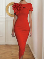 Red 3D Floral Boat Neck Short Sleeve Sheath Midi Dress