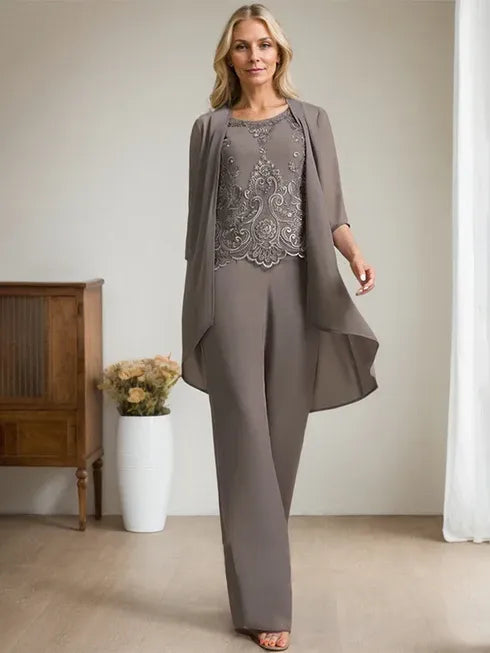 Conjunto de mono/pantalón separado de madre de la novia con encaje de gasa hasta el suelo, escote redondo y adornos de cuentas y lentejuelas